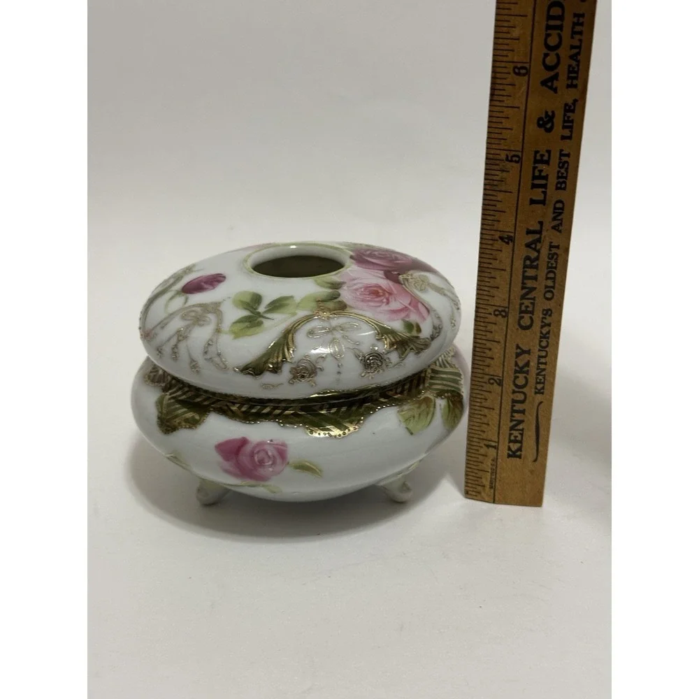 Antique Hand Painted Nippon Hair Receiver Pink Roses Gold Gilt 3 Footed Japan